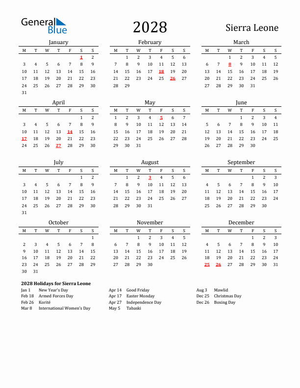 Sierra Leone Holidays Calendar for 2028
