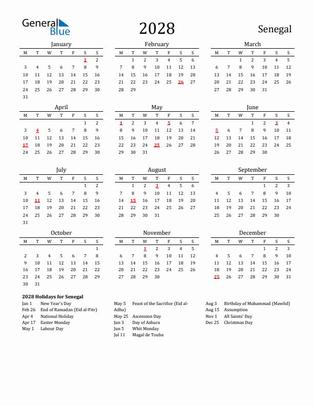 Senegal Holidays Calendar for 2028