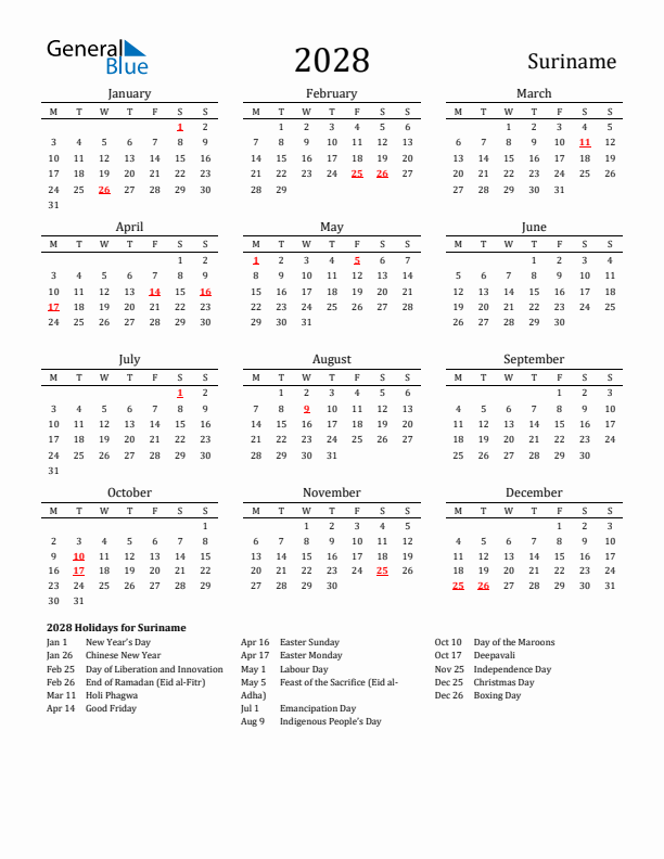 Suriname Holidays Calendar for 2028