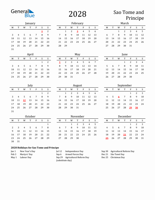 Sao Tome and Principe Holidays Calendar for 2028