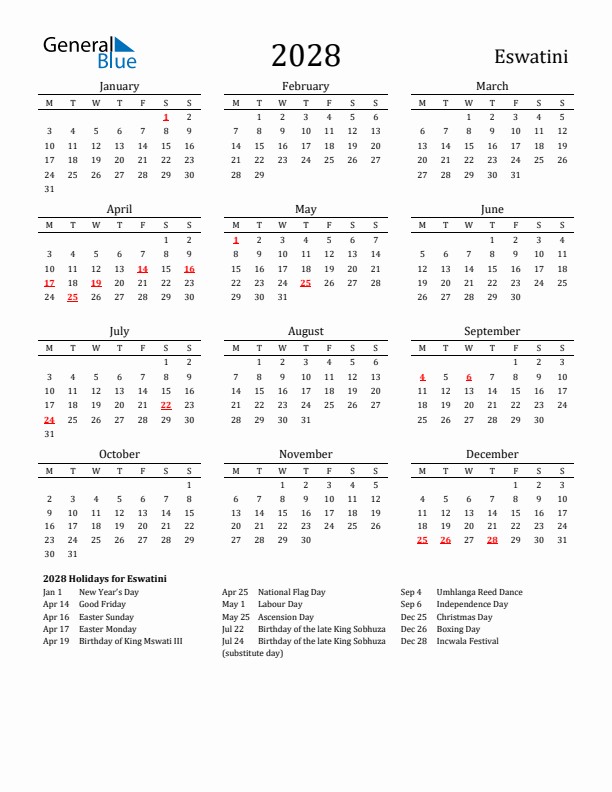 Eswatini Holidays Calendar for 2028