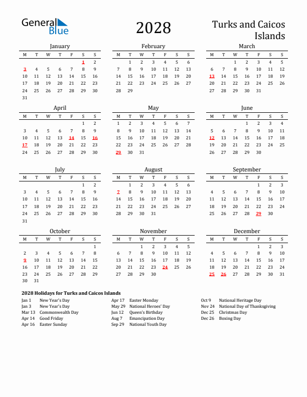 Turks and Caicos Islands Holidays Calendar for 2028