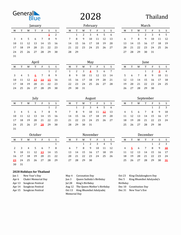 Thailand Holidays Calendar for 2028