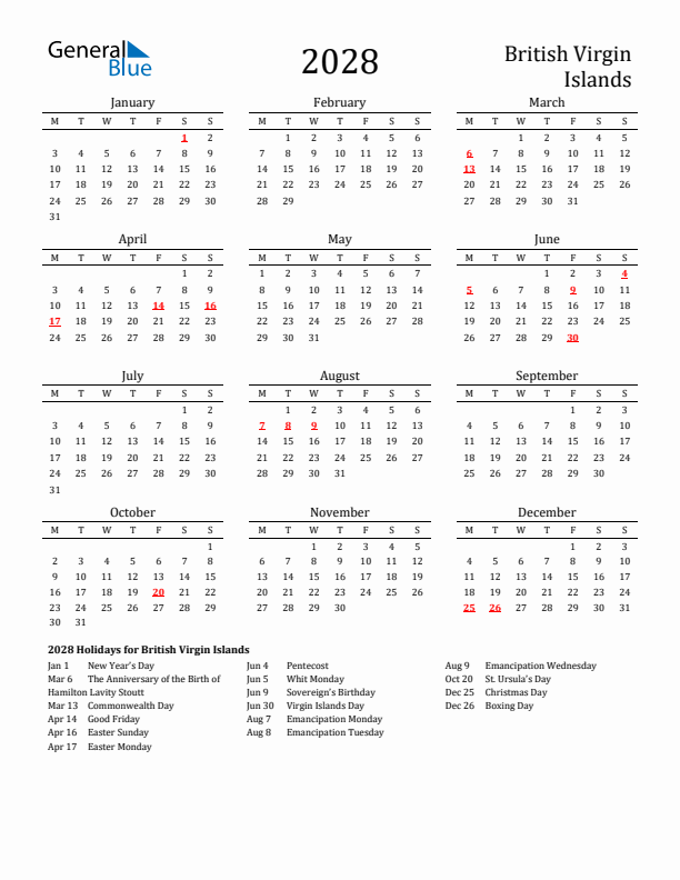 British Virgin Islands Holidays Calendar for 2028
