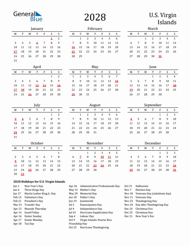U.S. Virgin Islands Holidays Calendar for 2028
