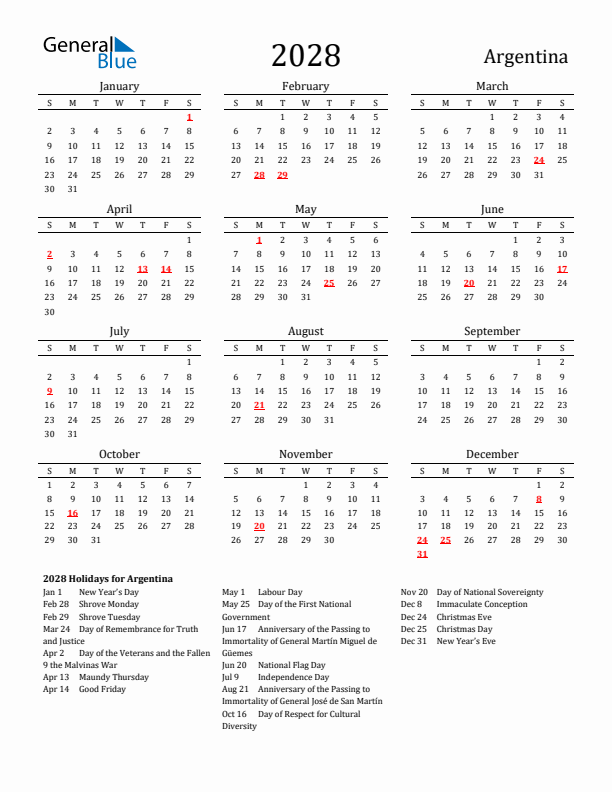 Argentina Holidays Calendar for 2028