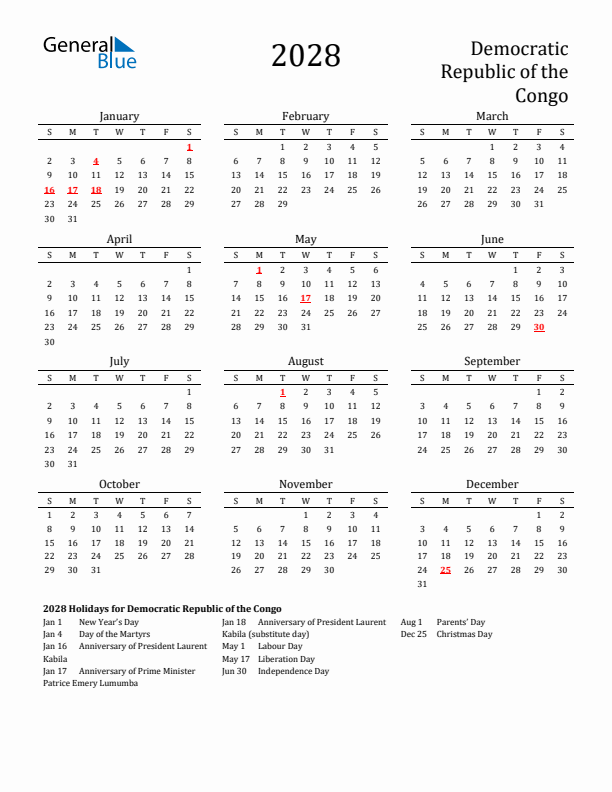 Democratic Republic of the Congo Holidays Calendar for 2028