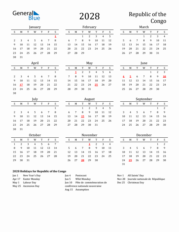 Republic of the Congo Holidays Calendar for 2028