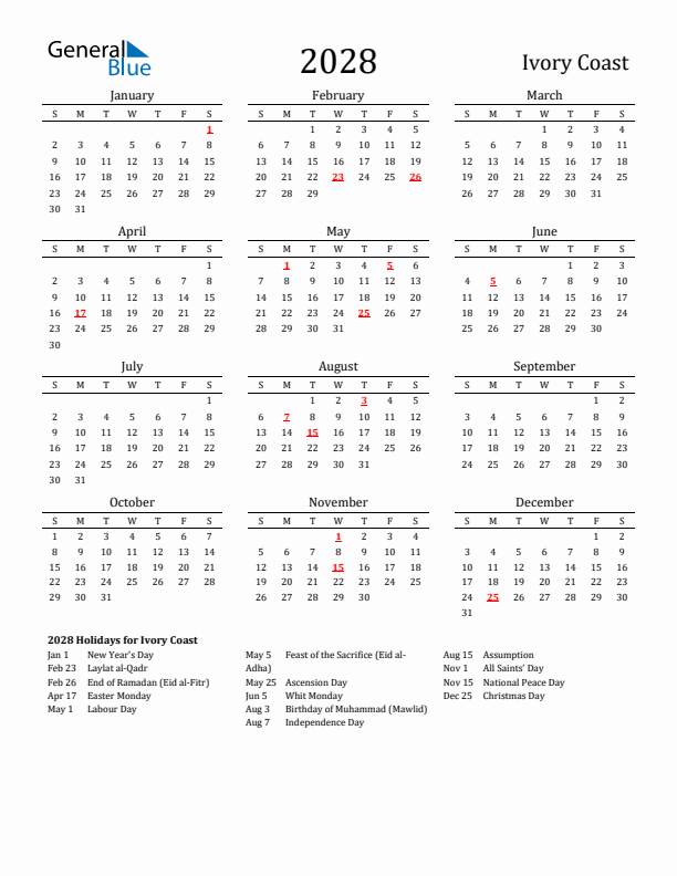 Ivory Coast Holidays Calendar for 2028