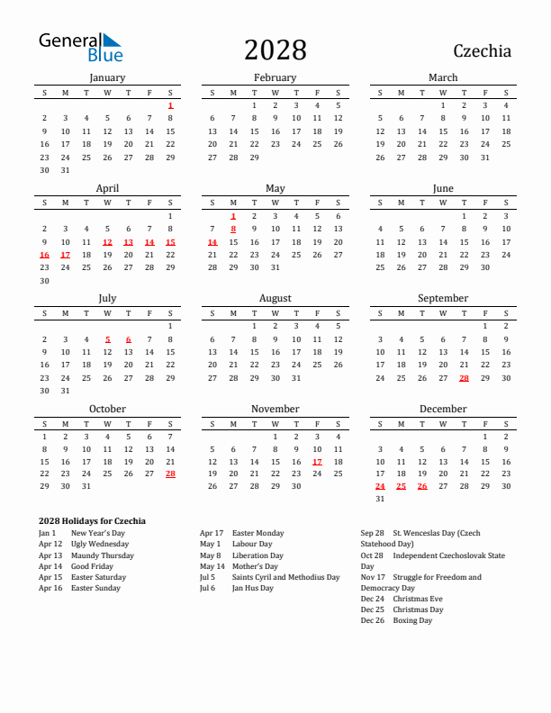 Czechia Holidays Calendar for 2028