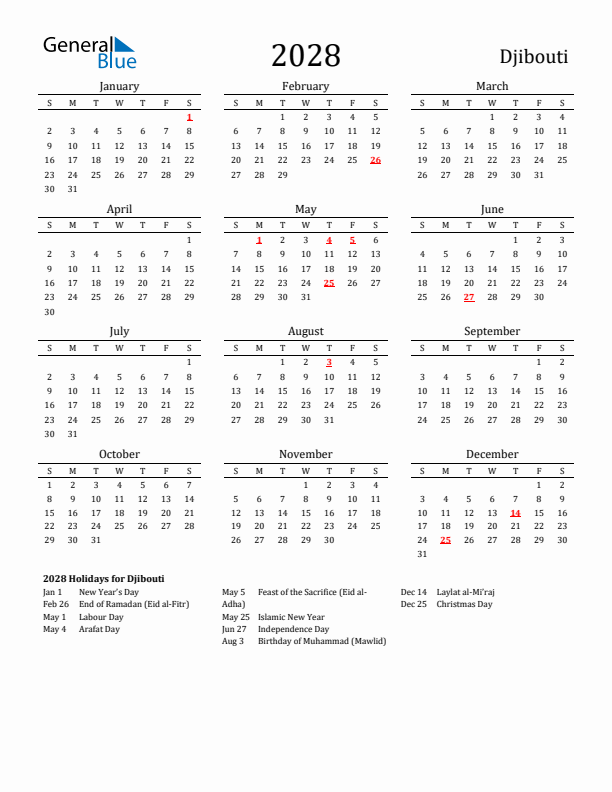 Djibouti Holidays Calendar for 2028