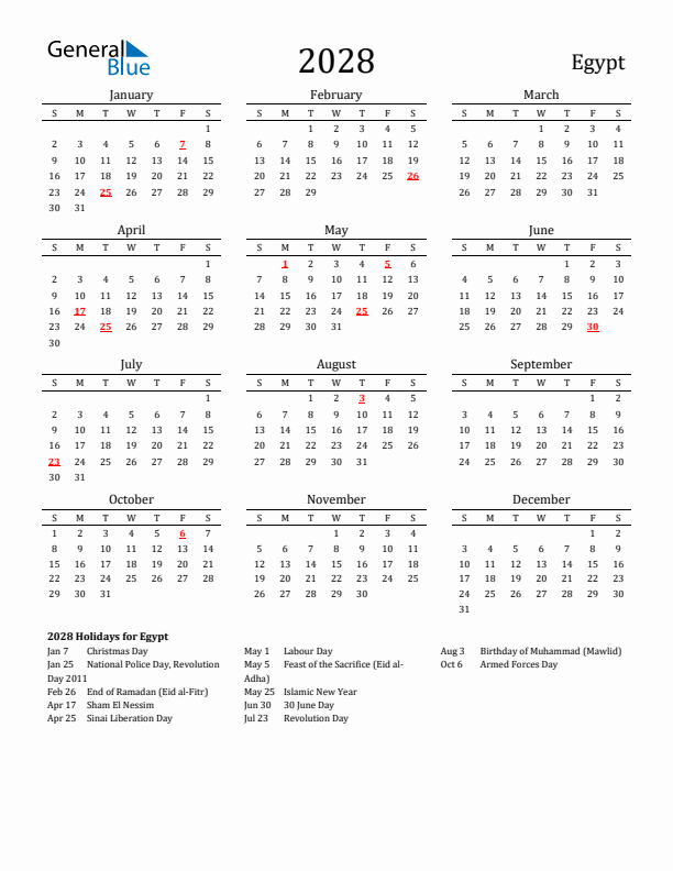 Egypt Holidays Calendar for 2028