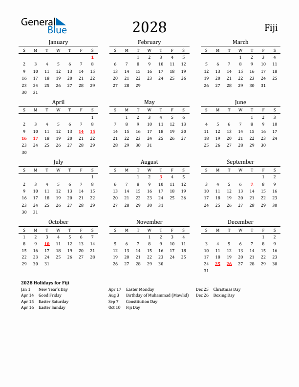 Fiji Holidays Calendar for 2028