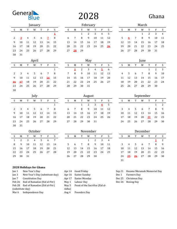 Ghana Holidays Calendar for 2028