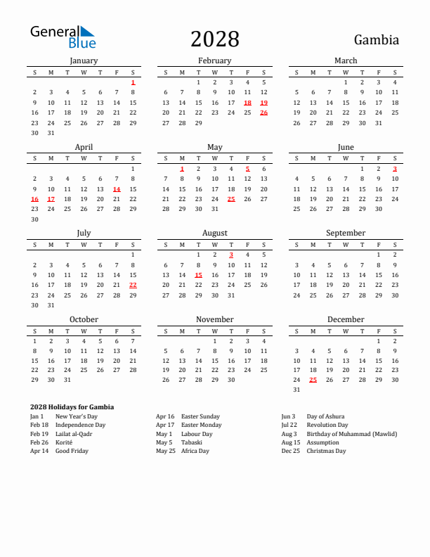 Gambia Holidays Calendar for 2028