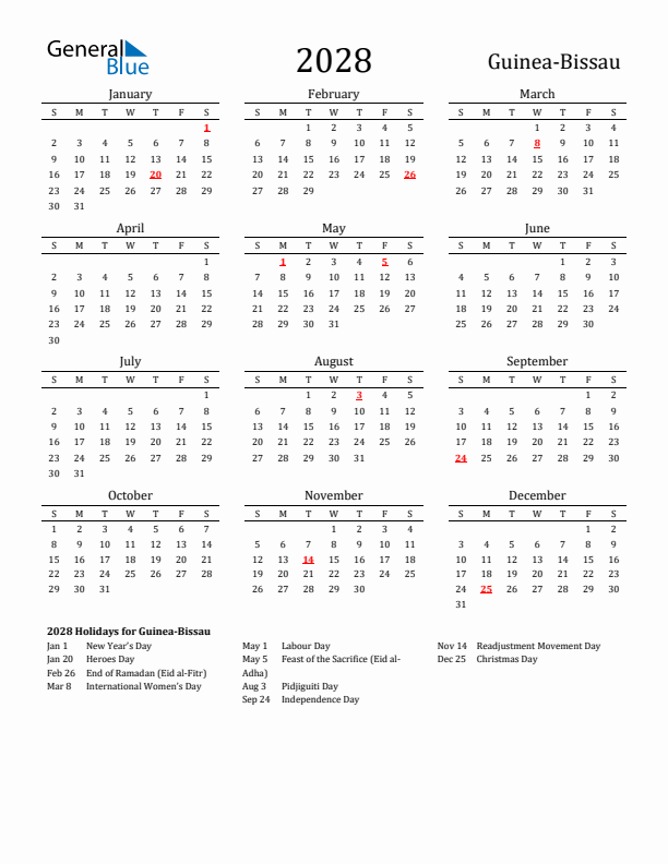 Guinea-Bissau Holidays Calendar for 2028