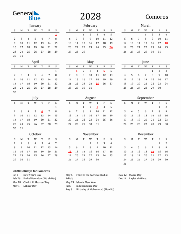 Comoros Holidays Calendar for 2028