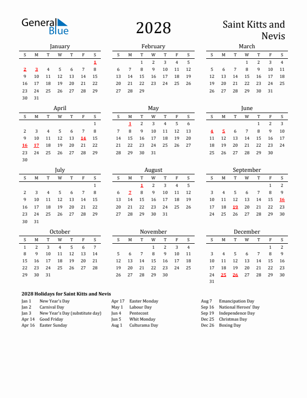 Saint Kitts and Nevis Holidays Calendar for 2028