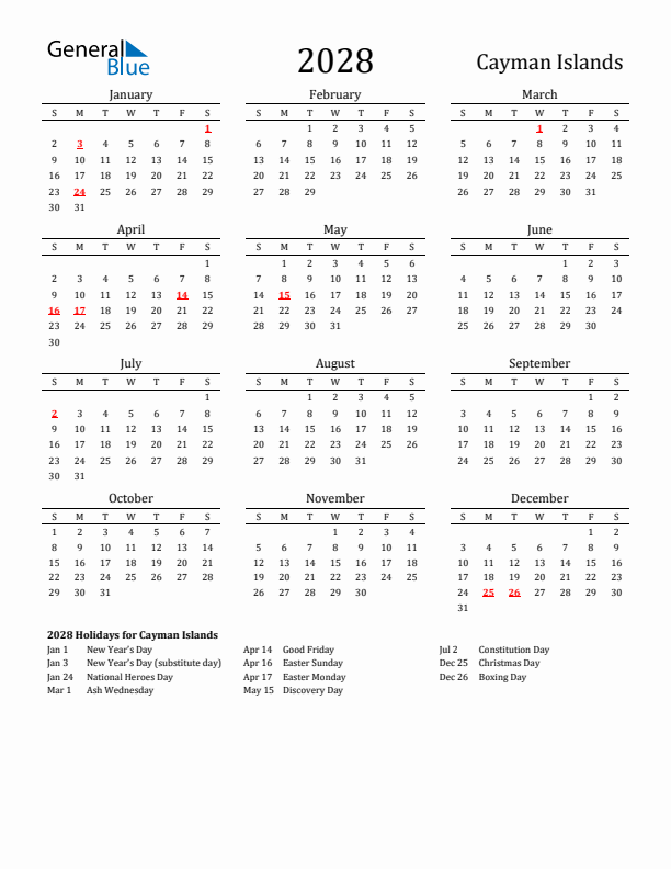 Cayman Islands Holidays Calendar for 2028