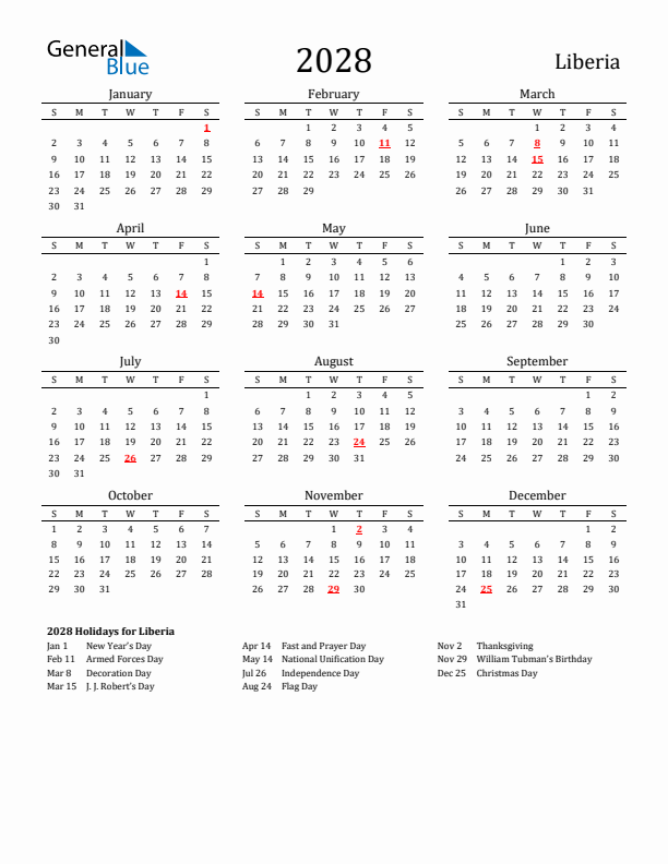 Liberia Holidays Calendar for 2028