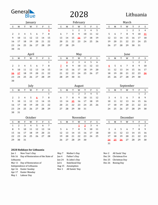 Lithuania Holidays Calendar for 2028