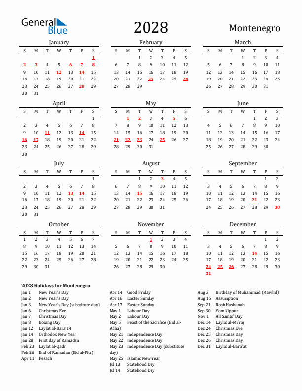 Montenegro Holidays Calendar for 2028