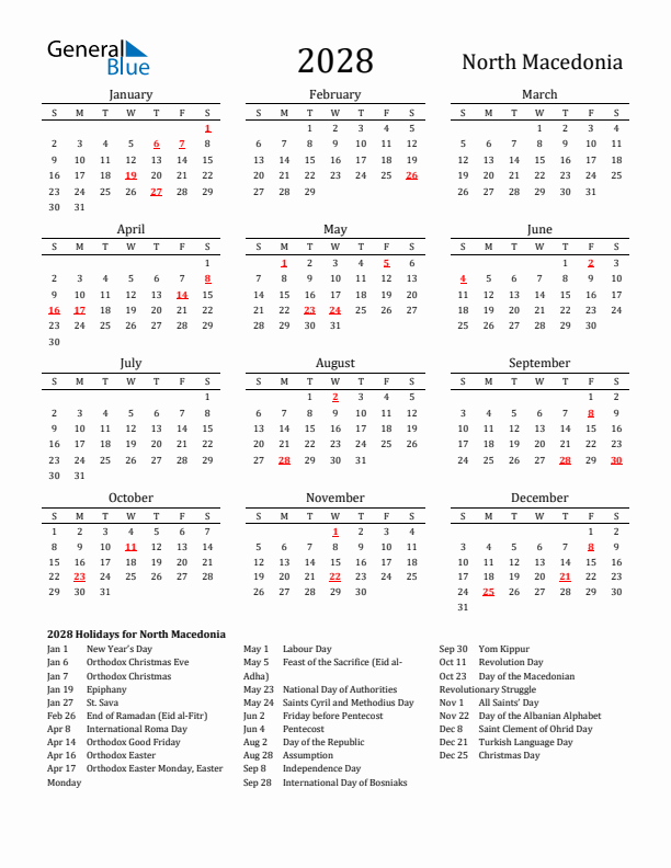 North Macedonia Holidays Calendar for 2028