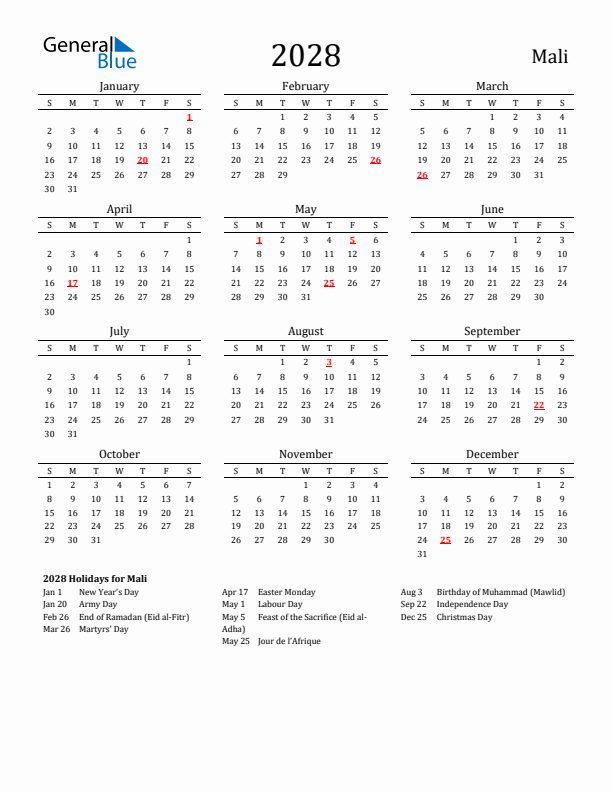 Mali Holidays Calendar for 2028