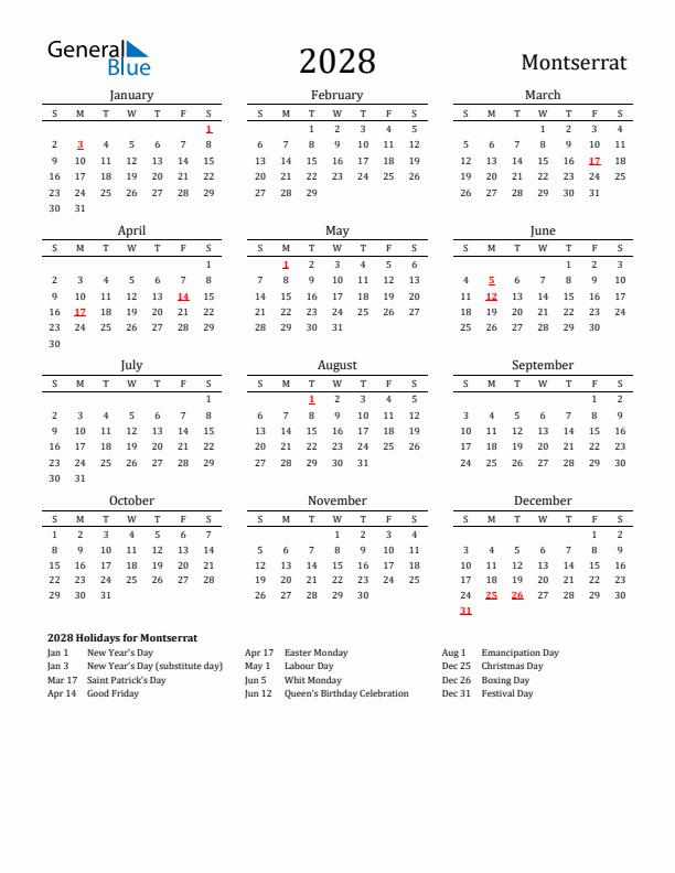 Montserrat Holidays Calendar for 2028