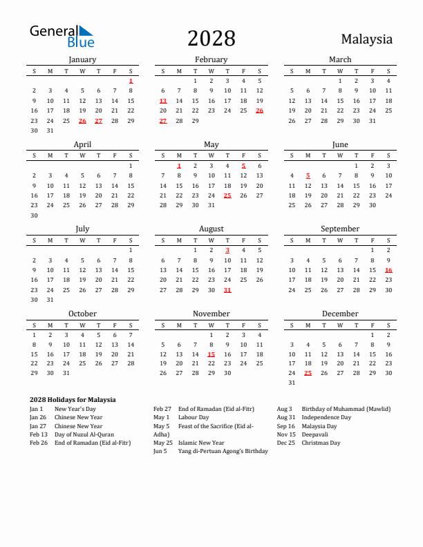 Malaysia Holidays Calendar for 2028