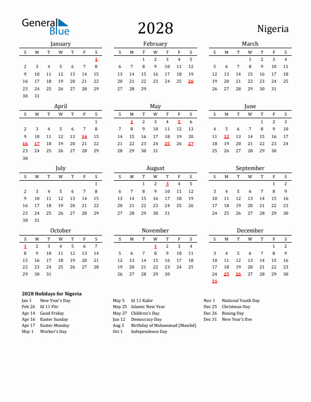 Nigeria Holidays Calendar for 2028