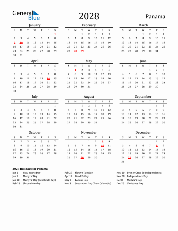 Panama Holidays Calendar for 2028