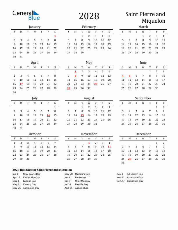 Saint Pierre and Miquelon Holidays Calendar for 2028