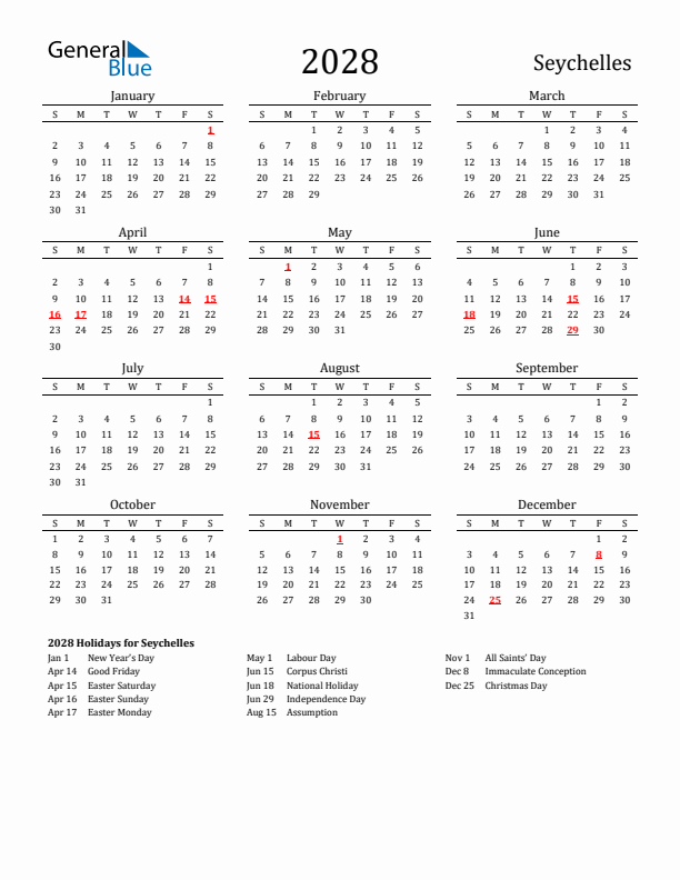 Seychelles Holidays Calendar for 2028