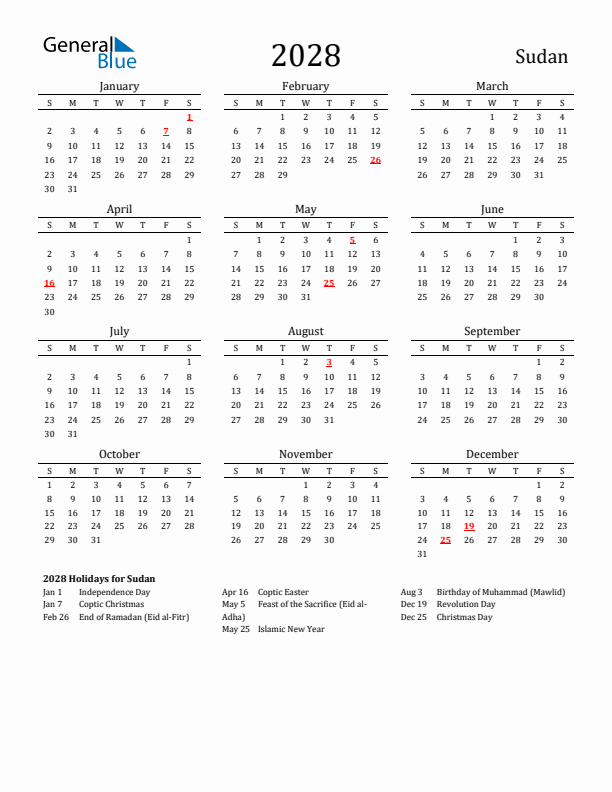 Sudan Holidays Calendar for 2028