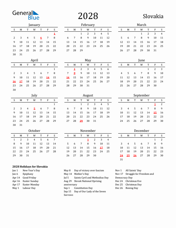 Slovakia Holidays Calendar for 2028