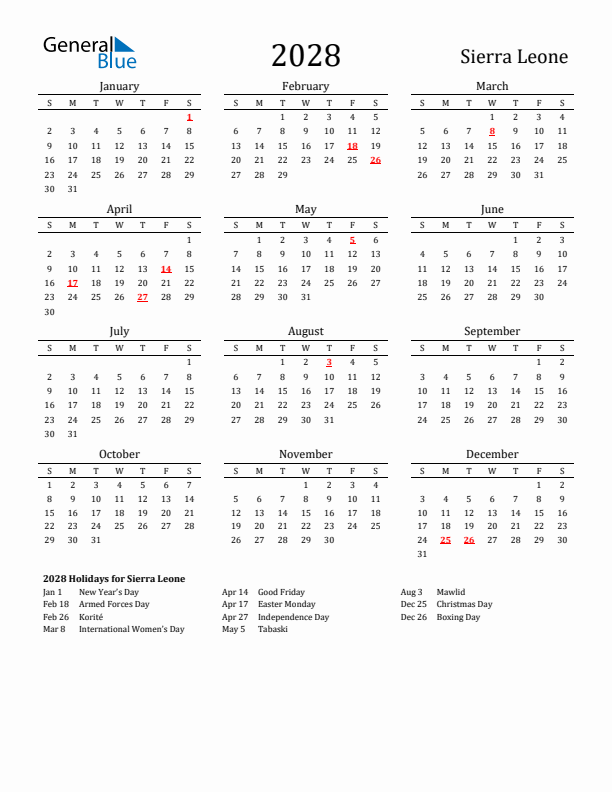 Sierra Leone Holidays Calendar for 2028