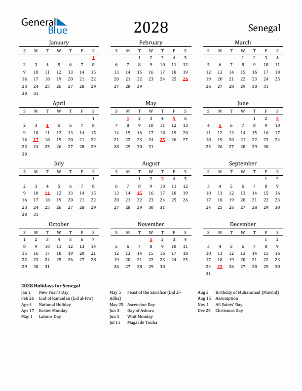 Senegal Holidays Calendar for 2028