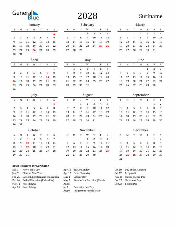 Suriname Holidays Calendar for 2028