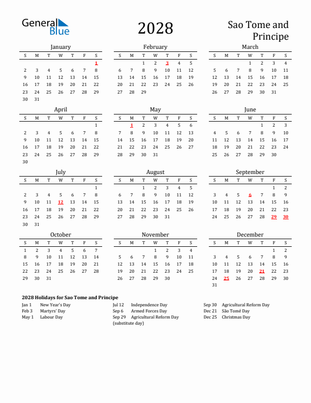 Sao Tome and Principe Holidays Calendar for 2028
