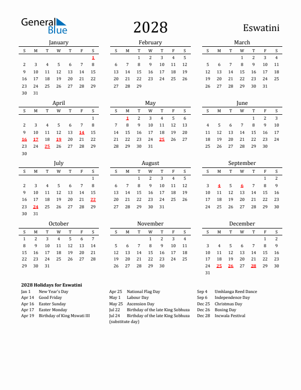 Eswatini Holidays Calendar for 2028