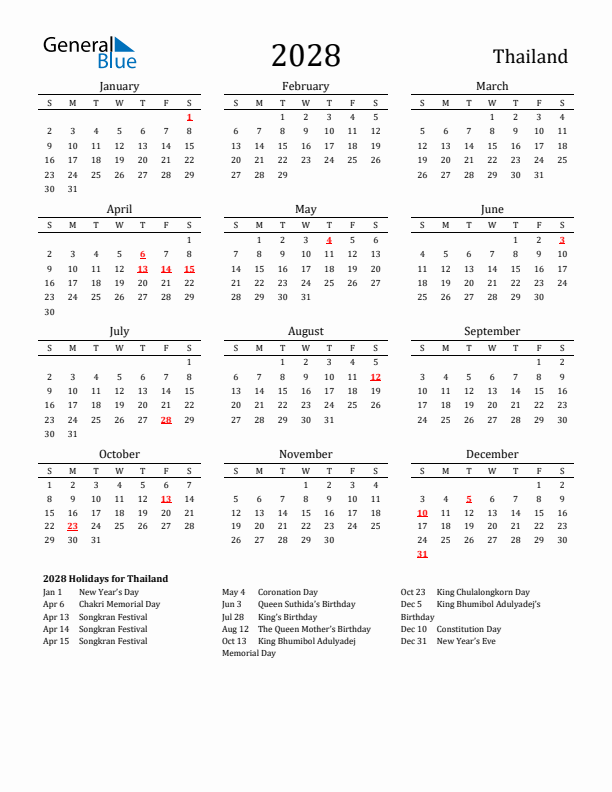 Thailand Holidays Calendar for 2028