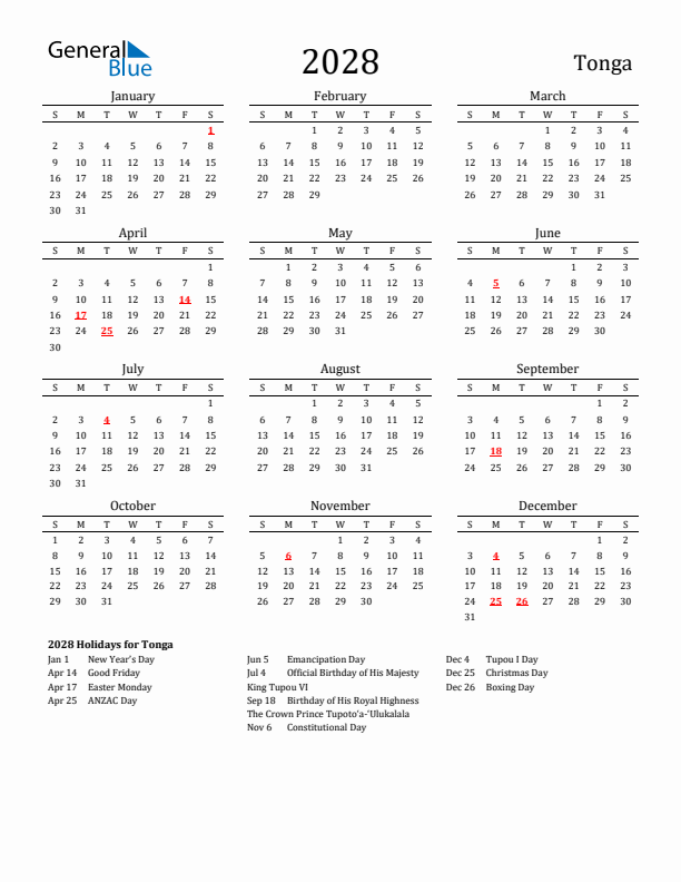 Tonga Holidays Calendar for 2028