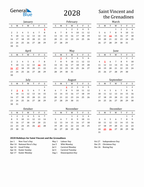 Saint Vincent and the Grenadines Holidays Calendar for 2028