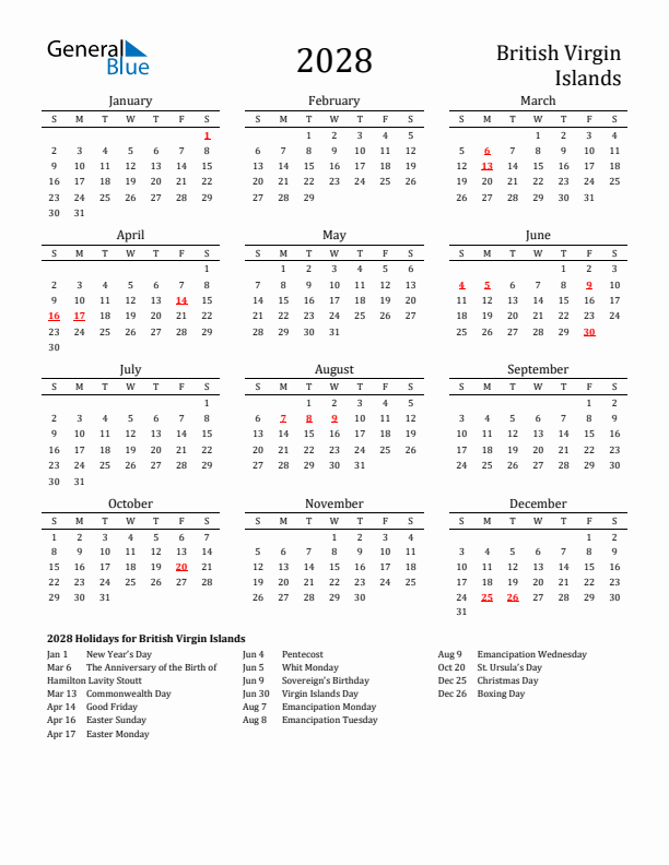 British Virgin Islands Holidays Calendar for 2028