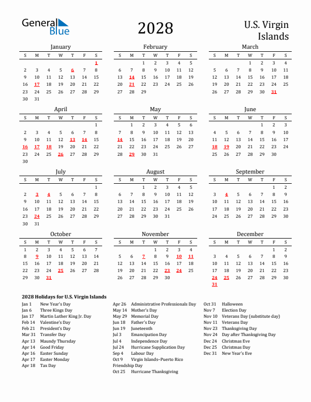 U.S. Virgin Islands Holidays Calendar for 2028