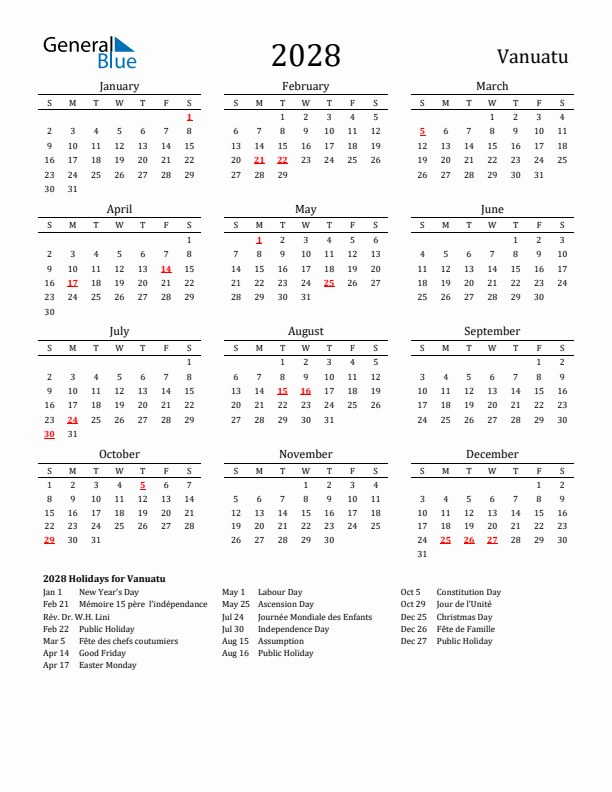 Vanuatu Holidays Calendar for 2028