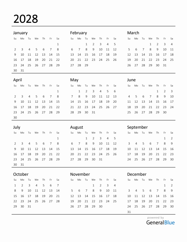 Free 2028 Calendars In PDF Word Excel