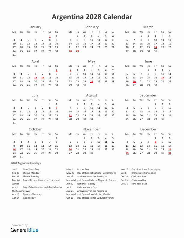 2028 Yearly Calendar Printable With Argentina Holidays