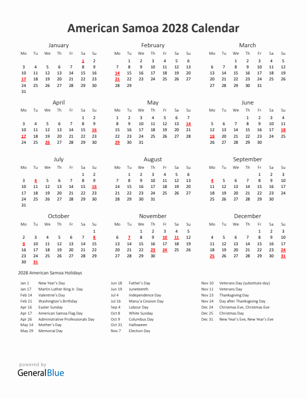 2028 Yearly Calendar Printable With American Samoa Holidays